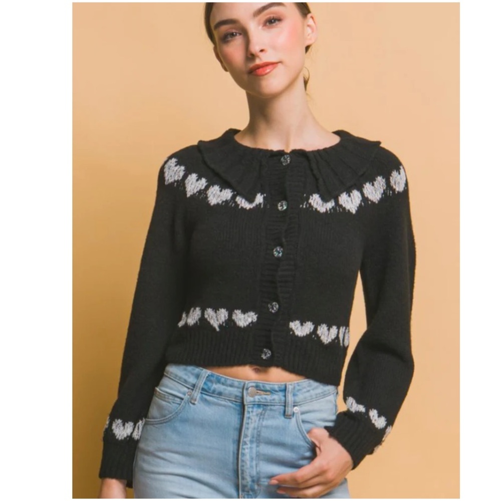 Anthro Galentine Heart Cardigan Sweater - Black & White - Picture 3 of 14